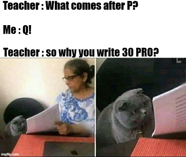 Huwai p30 pro | Teacher : What comes after P? Me : Q! Teacher : so why you write 30 PRO? | image tagged in black cat and teacher | made w/ Imgflip meme maker