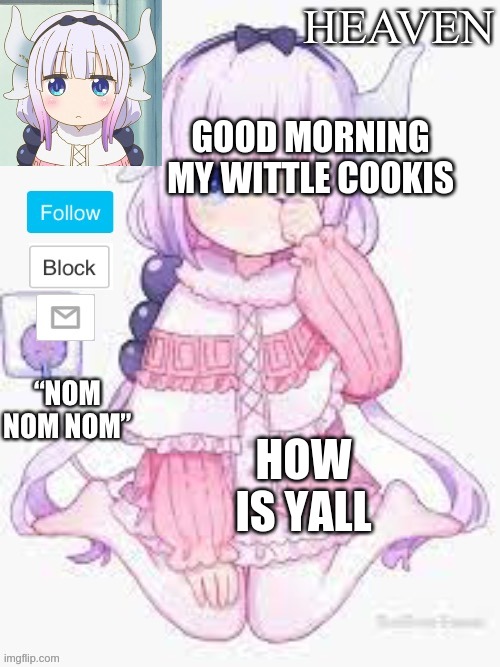 *happiness* | GOOD MORNING MY WITTLE COOKIS; HOW IS YALL | image tagged in heavens template | made w/ Imgflip meme maker