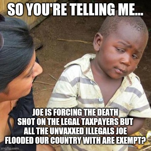 If you don't fight this, you really never cared about freedom. | SO YOU'RE TELLING ME... JOE IS FORCING THE DEATH SHOT ON THE LEGAL TAXPAYERS BUT ALL THE UNVAXXED ILLEGALS JOE FLOODED OUR COUNTRY WITH ARE EXEMPT? | image tagged in memes | made w/ Imgflip meme maker