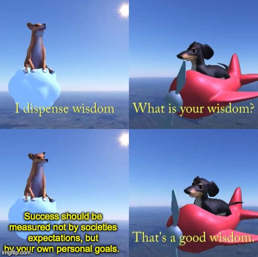 Wisdom dog | Success should be measured not by societies expectations, but by your own personal goals. | image tagged in wisdom dog | made w/ Imgflip meme maker