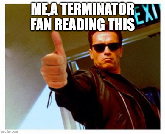 terminator thumbs up | ME,A TERMINATOR FAN READING THIS | image tagged in terminator thumbs up | made w/ Imgflip meme maker