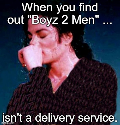 When you find out "Boyz 2 Men" ... isn't a delivery service. | image tagged in funny | made w/ Imgflip meme maker