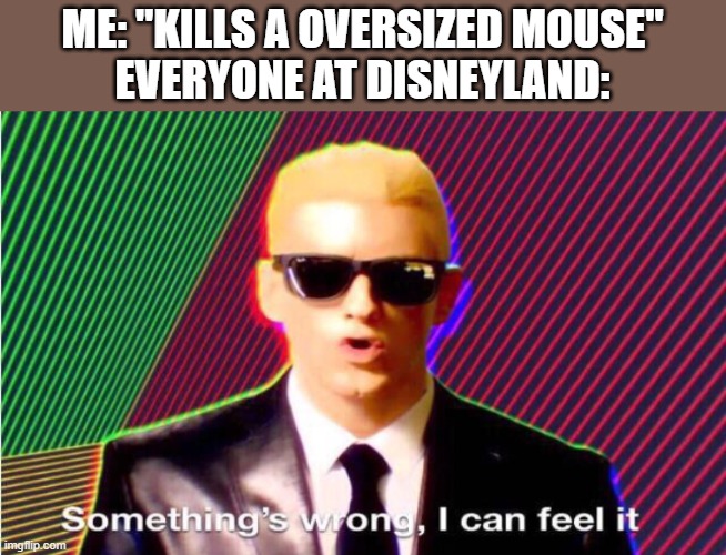 Something’s wrong | ME: "KILLS A OVERSIZED MOUSE"
EVERYONE AT DISNEYLAND: | image tagged in something s wrong | made w/ Imgflip meme maker