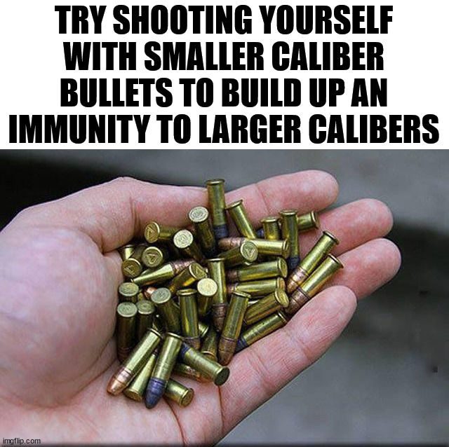 I doubt that will work | TRY SHOOTING YOURSELF WITH SMALLER CALIBER BULLETS TO BUILD UP AN IMMUNITY TO LARGER CALIBERS | image tagged in dark humor | made w/ Imgflip meme maker