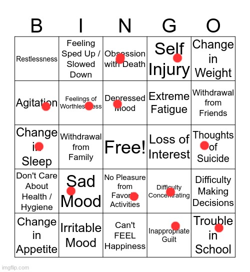 Kinda just done with life | image tagged in depression bingo 1 | made w/ Imgflip meme maker