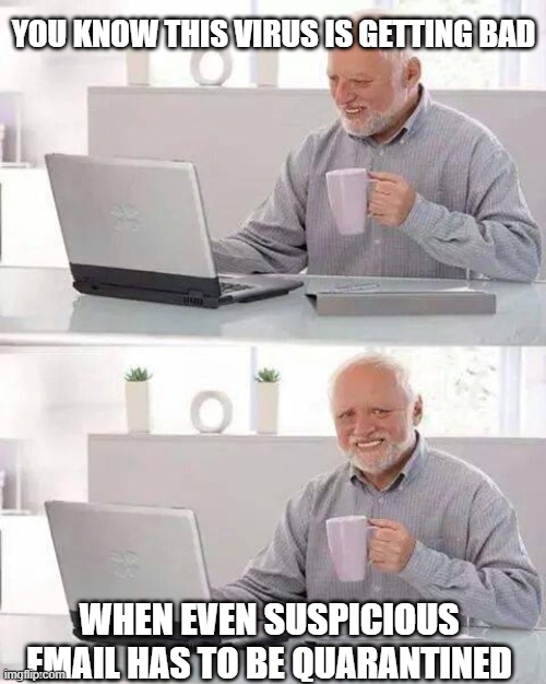 Hide the Pain Harold | YOU KNOW THIS VIRUS IS GETTING BAD; WHEN EVEN SUSPICIOUS EMAIL HAS TO BE QUARANTINED | image tagged in memes,hide the pain harold | made w/ Imgflip meme maker