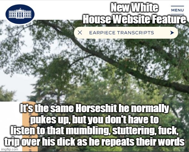 Better than turning the Teleprompter around | New White House Website Feature; It's the same Horseshit he normally pukes up, but you don't have to listen to that mumbling, stuttering, fuck, trip over his dick as he repeats their words | image tagged in memes | made w/ Imgflip meme maker