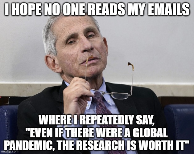 Dr. Fauci | I HOPE NO ONE READS MY EMAILS WHERE I REPEATEDLY SAY, "EVEN IF THERE WERE A GLOBAL PANDEMIC, THE RESEARCH IS WORTH IT" | image tagged in dr fauci | made w/ Imgflip meme maker
