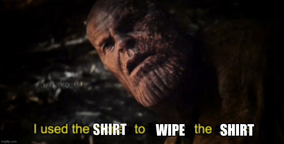 I used my shirt to wipe the shirt | WIPE; SHIRT; SHIRT | image tagged in i used the stones to destroy the stones | made w/ Imgflip meme maker