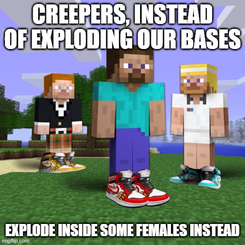 minecraft drip | CREEPERS, INSTEAD OF EXPLODING OUR BASES; EXPLODE INSIDE SOME FEMALES INSTEAD | image tagged in minecraft drip | made w/ Imgflip meme maker