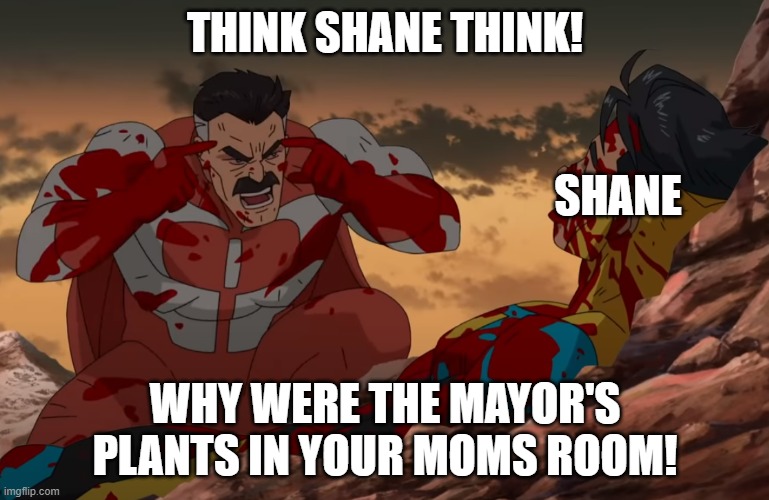 Think Mark, Think | THINK SHANE THINK! SHANE; WHY WERE THE MAYOR'S PLANTS IN YOUR MOMS ROOM! | image tagged in think mark think | made w/ Imgflip meme maker