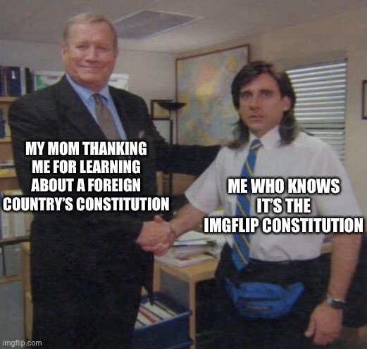 It looks like one for real though | MY MOM THANKING ME FOR LEARNING ABOUT A FOREIGN COUNTRY’S CONSTITUTION; ME WHO KNOWS IT’S THE IMGFLIP CONSTITUTION | image tagged in the office congratulations,imgflip,boss | made w/ Imgflip meme maker
