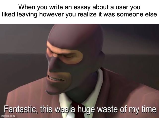 Nearly happened to me lol | When you write an essay about a user you liked leaving however you realize it was someone else | image tagged in fantastic this was a huge waste of my time | made w/ Imgflip meme maker