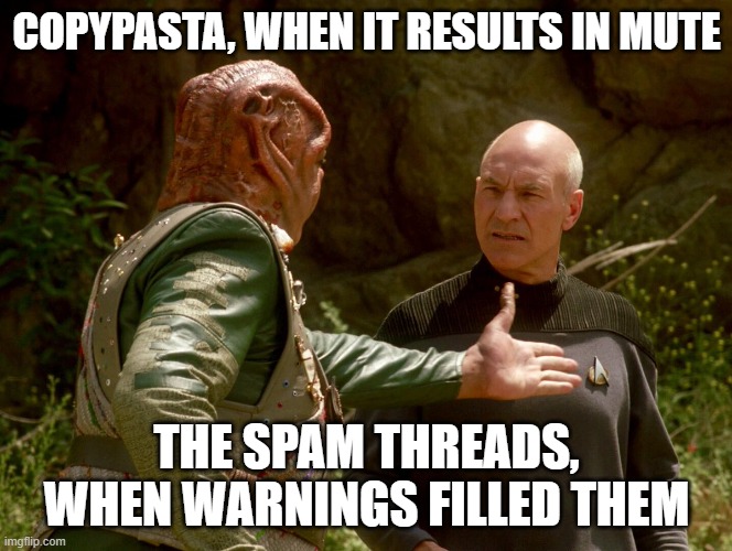 Darmok and Picard | COPYPASTA, WHEN IT RESULTS IN MUTE; THE SPAM THREADS, WHEN WARNINGS FILLED THEM | image tagged in darmok and picard,spam,copypasta | made w/ Imgflip meme maker