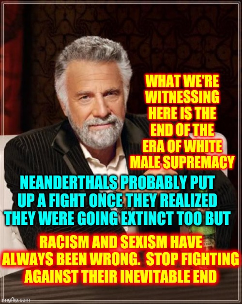 Time And Progress Stop For No Neanderthal | WHAT WE'RE WITNESSING HERE IS THE END OF THE ERA OF WHITE MALE SUPREMACY; NEANDERTHALS PROBABLY PUT UP A FIGHT ONCE THEY REALIZED THEY WERE GOING EXTINCT TOO BUT; RACISM AND SEXISM HAVE ALWAYS BEEN WRONG.  STOP FIGHTING AGAINST THEIR INEVITABLE END | image tagged in memes,the most interesting man in the world,neanderthals,white supremacy,racism,days are numbered | made w/ Imgflip meme maker