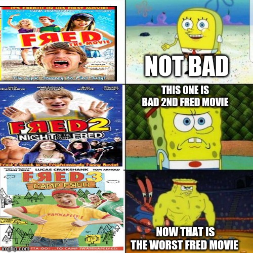 Spongebob Thanks About The 3 Fred Movies | NOT BAD; THIS ONE IS BAD 2ND FRED MOVIE; NOW THAT IS THE WORST FRED MOVIE | image tagged in fred,spongebob,movie,memes | made w/ Imgflip meme maker
