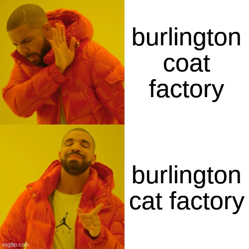 burlington coat factory burlington cat factory | image tagged in memes,drake hotline bling | made w/ Imgflip meme maker