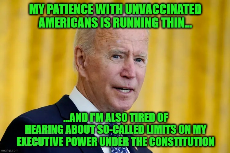 Make Way for the Executive Juggernaut | MY PATIENCE WITH UNVACCINATED AMERICANS IS RUNNING THIN... ...AND I'M ALSO TIRED OF HEARING ABOUT SO-CALLED LIMITS ON MY EXECUTIVE POWER UNDER THE CONSTITUTION | image tagged in joe biden,covid-19,vaccines,constitution,executive power | made w/ Imgflip meme maker