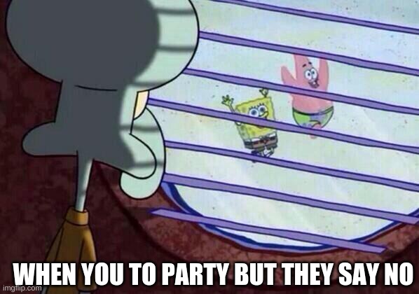 Squidward window | WHEN YOU TO PARTY BUT THEY SAY NO | image tagged in squidward window | made w/ Imgflip meme maker