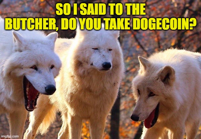 The Three Wolves | SO I SAID TO THE BUTCHER, DO YOU TAKE DOGECOIN? | image tagged in the three wolves | made w/ Imgflip meme maker