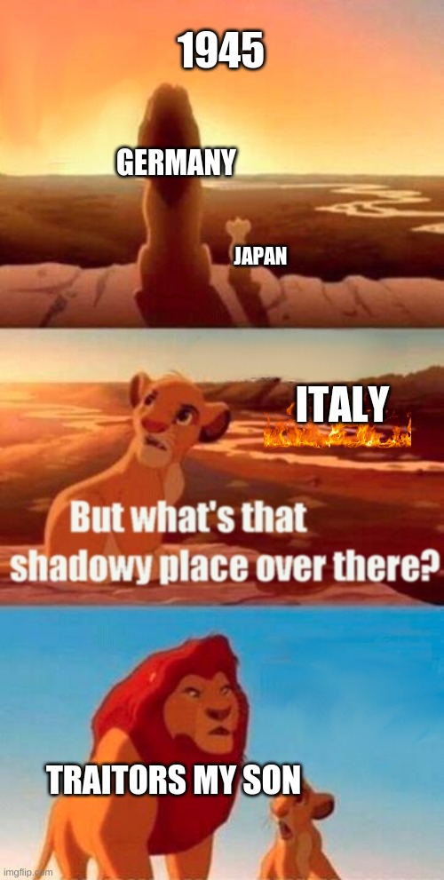 Simba Shadowy Place | 1945; GERMANY; JAPAN; ITALY; TRAITORS MY SON | image tagged in memes,simba shadowy place | made w/ Imgflip meme maker