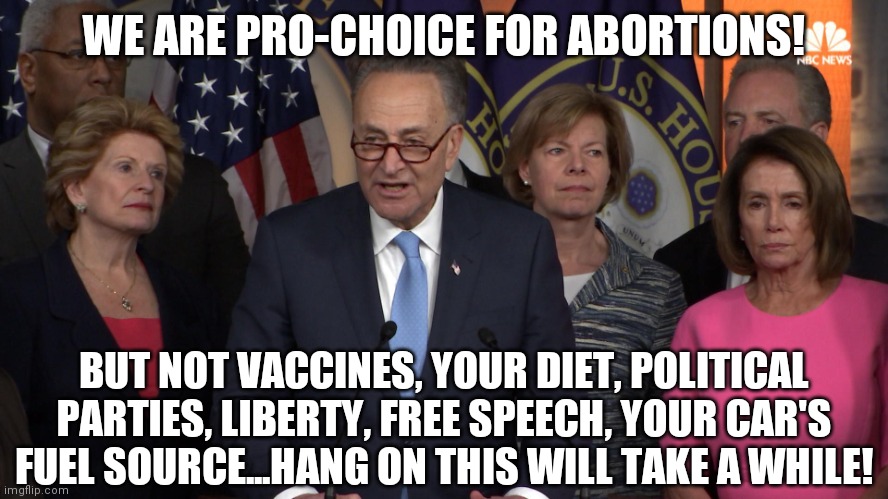 Hey at least Democrats allow you the choice to murder your baby or not. I'd be worried if they had a forced mandate on that too. | WE ARE PRO-CHOICE FOR ABORTIONS! BUT NOT VACCINES, YOUR DIET, POLITICAL PARTIES, LIBERTY, FREE SPEECH, YOUR CAR'S FUEL SOURCE...HANG ON THIS WILL TAKE A WHILE! | image tagged in democrat congressmen,abortion,choices,liberals | made w/ Imgflip meme maker