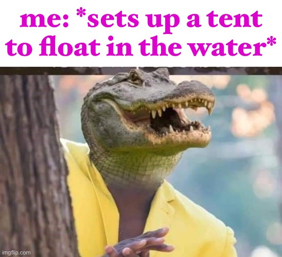 oh no | me: *sets up a tent to float in the water* | image tagged in crocodile,camping,funny,dark humor,black guy hiding behind tree,uh oh | made w/ Imgflip meme maker