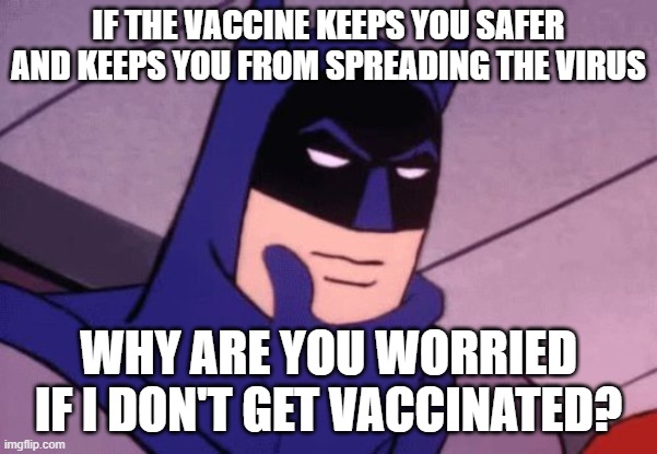 Batman Pondering | IF THE VACCINE KEEPS YOU SAFER AND KEEPS YOU FROM SPREADING THE VIRUS WHY ARE YOU WORRIED IF I DON'T GET VACCINATED? | image tagged in batman pondering | made w/ Imgflip meme maker