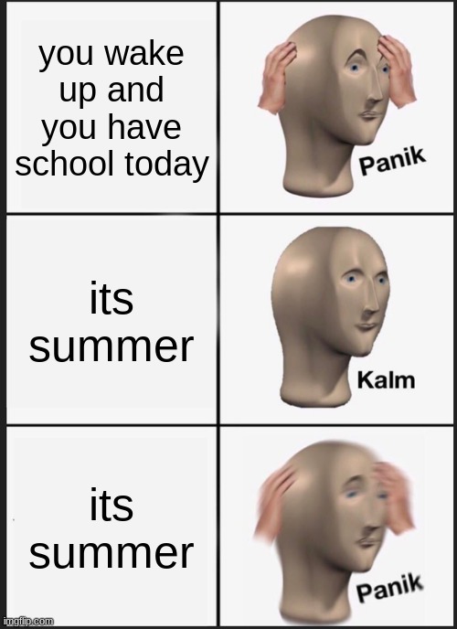 :/ | you wake up and you have school today; its summer; its summer | image tagged in memes,panik kalm panik,bruh | made w/ Imgflip meme maker