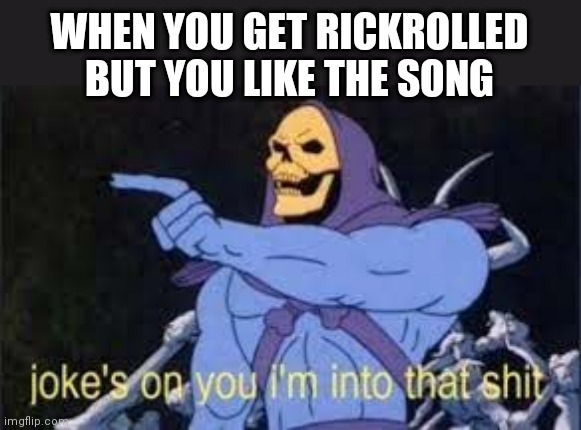 Rickrolling | WHEN YOU GET RICKROLLED BUT YOU LIKE THE SONG | image tagged in jokes on you im into that shit | made w/ Imgflip meme maker