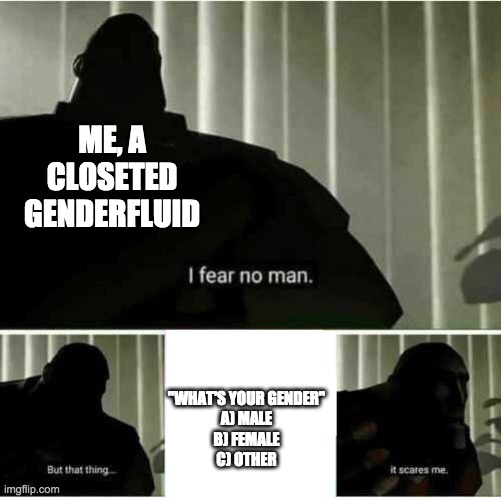 having to answer that question in front of my mom was pretty akward | ME, A CLOSETED GENDERFLUID; "WHAT'S YOUR GENDER"
A) MALE
B) FEMALE
C) OTHER | image tagged in i fear no man | made w/ Imgflip meme maker