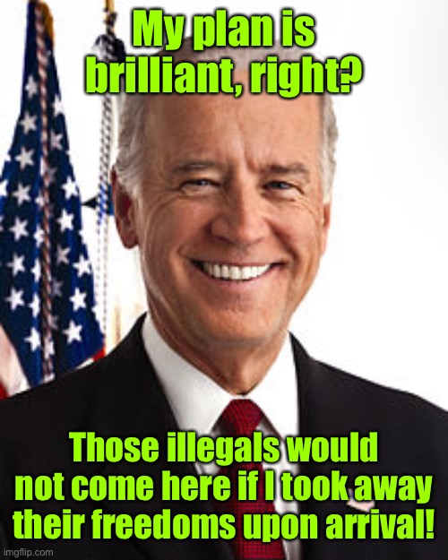 Joe Biden Meme | My plan is brilliant, right? Those illegals would not come here if I took away their freedoms upon arrival! | image tagged in memes,joe biden | made w/ Imgflip meme maker