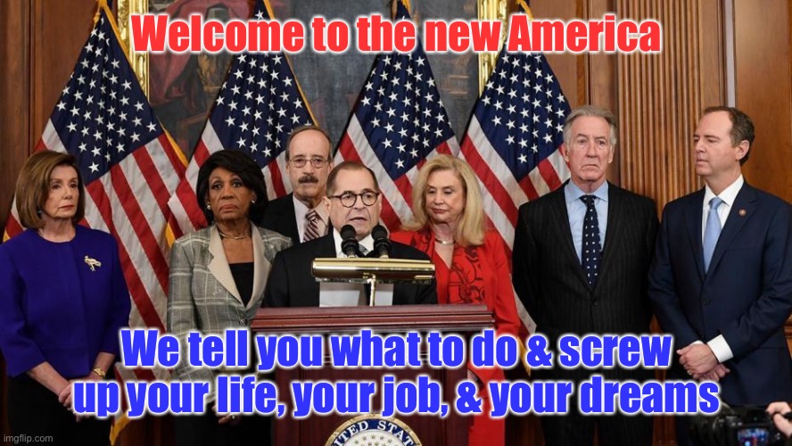 House Democrats | Welcome to the new America We tell you what to do & screw up your life, your job, & your dreams | image tagged in house democrats | made w/ Imgflip meme maker