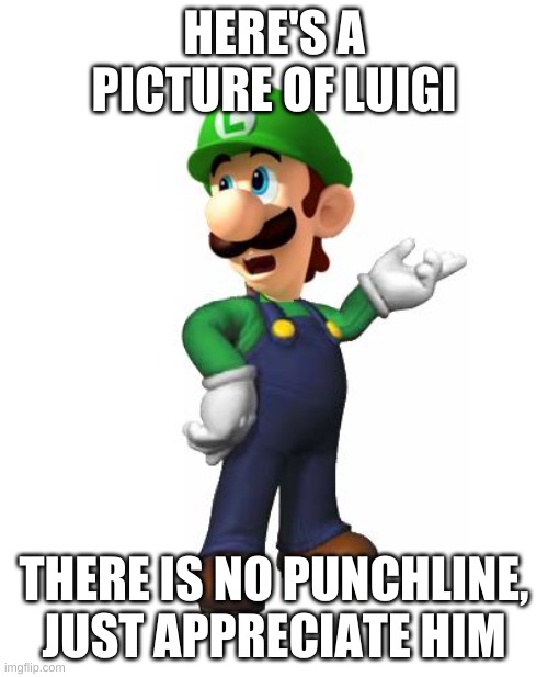 Upvote if you agree |  HERE'S A PICTURE OF LUIGI; THERE IS NO PUNCHLINE, JUST APPRECIATE HIM | image tagged in logic luigi | made w/ Imgflip meme maker
