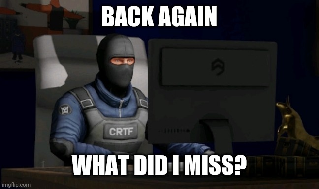 counter-terrorist looking at the computer | BACK AGAIN; WHAT DID I MISS? | image tagged in computer | made w/ Imgflip meme maker