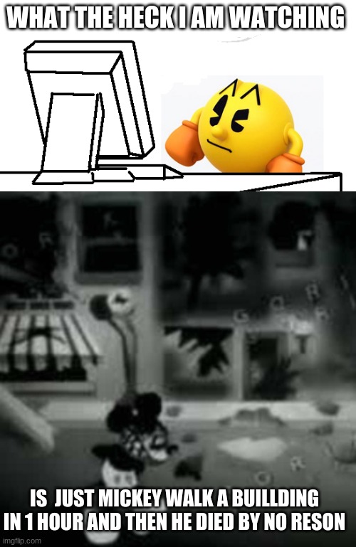 Pac Man watch Suicide Mouse | WHAT THE HECK I AM WATCHING; IS  JUST MICKEY WALK A BUILLDING IN 1 HOUR AND THEN HE DIED BY NO RESON | image tagged in pac-man confused,suicide mouse,memes | made w/ Imgflip meme maker