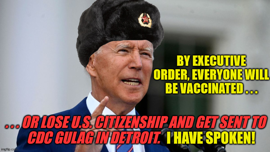 Biden Mandates His "Final Solution" To The Covid Un-Vaccinated | BY EXECUTIVE ORDER, EVERYONE WILL BE VACCINATED . . . . . . OR LOSE U.S. CITIZENSHIP AND GET SENT TO CDC GULAG IN DETROIT. I HAVE SPOKEN! | image tagged in covid,final soluton,vaccination,democrats,liberals,pandemic | made w/ Imgflip meme maker