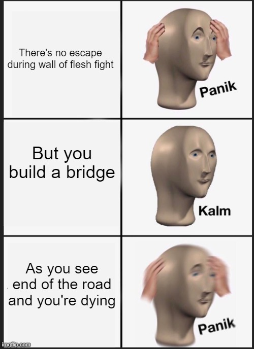 Fighting Wall of Flesh be Like | There's no escape during wall of flesh fight; But you build a bridge; As you see end of the road and you're dying | image tagged in memes,panik kalm panik,terraria,why do i hear boss music | made w/ Imgflip meme maker