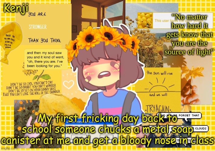 This is fine | My first fricking day back to school someone chucks a metal soap canister at me and get a bloody nose in class | image tagged in frisk | made w/ Imgflip meme maker