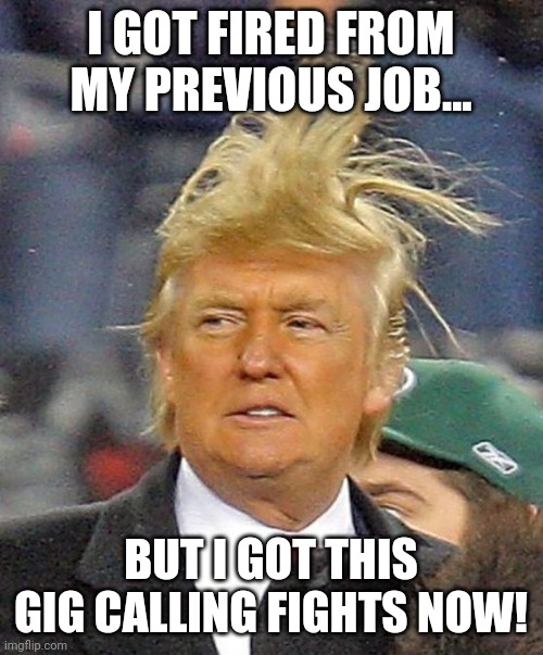 Trump's new gig | I GOT FIRED FROM MY PREVIOUS JOB... BUT I GOT THIS GIG CALLING FIGHTS NOW! | image tagged in trump,trump supporter,republican,conservative,democrat,liberal | made w/ Imgflip meme maker