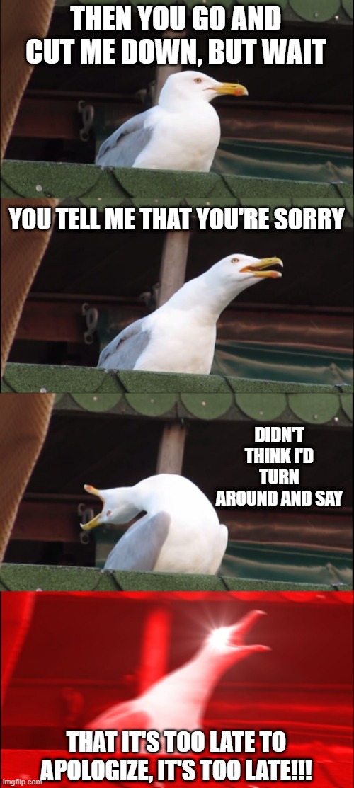 Timbaland and One Republic | THEN YOU GO AND CUT ME DOWN, BUT WAIT; YOU TELL ME THAT YOU'RE SORRY; DIDN'T THINK I'D TURN AROUND AND SAY; THAT IT'S TOO LATE TO APOLOGIZE, IT'S TOO LATE!!! | image tagged in memes,inhaling seagull | made w/ Imgflip meme maker