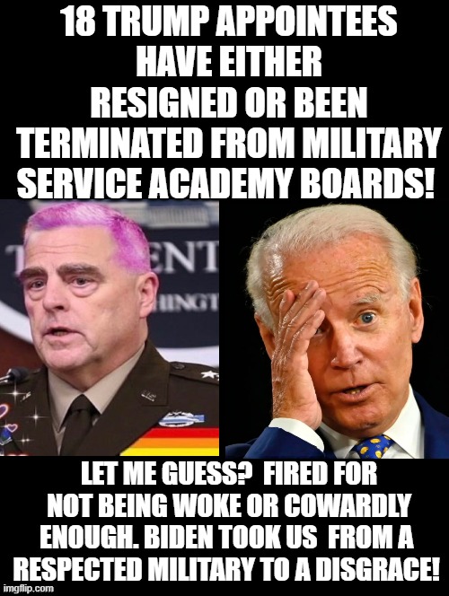 Biden took us  from a  respected military to a disgrace! | 18 TRUMP APPOINTEES HAVE EITHER RESIGNED OR BEEN TERMINATED FROM MILITARY SERVICE ACADEMY BOARDS! LET ME GUESS?  FIRED FOR NOT BEING WOKE OR COWARDLY ENOUGH. BIDEN TOOK US  FROM A  RESPECTED MILITARY TO A DISGRACE! | image tagged in morons,woke,disgrace,stupid liberals,stupidity,joe biden | made w/ Imgflip meme maker