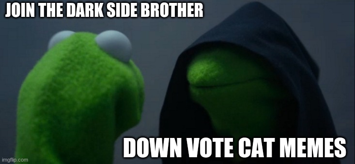 Evil Kermit | JOIN THE DARK SIDE BROTHER; DOWN VOTE CAT MEMES | image tagged in memes,evil kermit | made w/ Imgflip meme maker