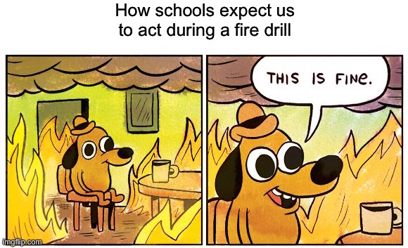 This Is Fine | How schools expect us to act during a fire drill | image tagged in memes,this is fine | made w/ Imgflip meme maker