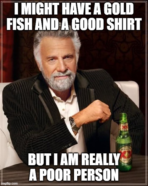 The Most Interesting Man In The World | I MIGHT HAVE A GOLD FISH AND A GOOD SHIRT; BUT I AM REALLY A POOR PERSON | image tagged in memes,the most interesting man in the world | made w/ Imgflip meme maker