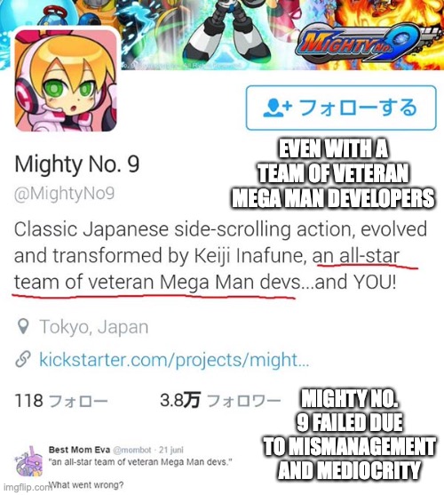 Mighty No. 9 Twitter Profile Page | EVEN WITH A TEAM OF VETERAN MEGA MAN DEVELOPERS; MIGHTY NO. 9 FAILED DUE TO MISMANAGEMENT AND MEDIOCRITY | image tagged in mighty no 9,twitter,memes,gaming | made w/ Imgflip meme maker