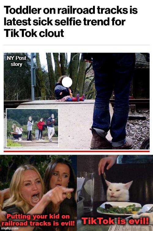 The newest TikTok challenge: put your kid on railroad tracks! | NY Post
story; Putting your kid on railroad tracks is evil! TikTok is evil! | image tagged in memes,woman yelling at cat,tiktok,challenge,railroad,tracks | made w/ Imgflip meme maker