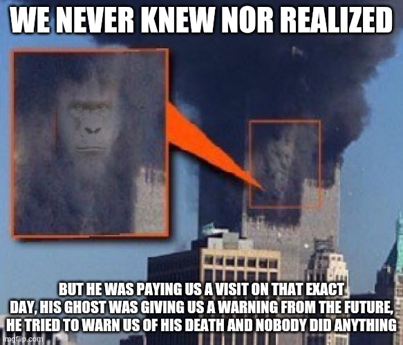 Harambe was there, just hiding... | WE NEVER KNEW NOR REALIZED; BUT HE WAS PAYING US A VISIT ON THAT EXACT DAY, HIS GHOST WAS GIVING US A WARNING FROM THE FUTURE, HE TRIED TO WARN US OF HIS DEATH AND NOBODY DID ANYTHING | image tagged in harambe bush 9/11 towers | made w/ Imgflip meme maker