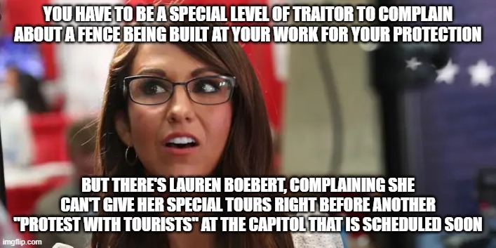 Lauren Boebert | YOU HAVE TO BE A SPECIAL LEVEL OF TRAITOR TO COMPLAIN ABOUT A FENCE BEING BUILT AT YOUR WORK FOR YOUR PROTECTION; BUT THERE'S LAUREN BOEBERT, COMPLAINING SHE CAN'T GIVE HER SPECIAL TOURS RIGHT BEFORE ANOTHER "PROTEST WITH TOURISTS" AT THE CAPITOL THAT IS SCHEDULED SOON | image tagged in lauren boebert | made w/ Imgflip meme maker