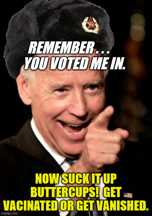 Smilin Biden Meme | REMEMBER . . .     YOU VOTED ME IN. NOW SUCK IT UP BUTTERCUPS!  GET VACINATED OR GET VANISHED. | image tagged in memes,smilin biden | made w/ Imgflip meme maker